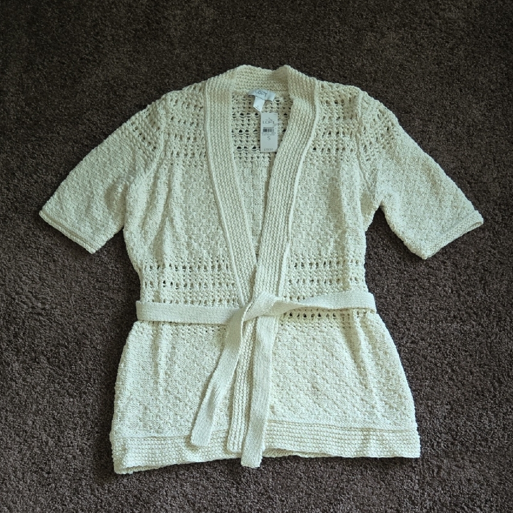 NEW Ann Taylor Loft Ivory Short Sleeve Open Front Sweater S